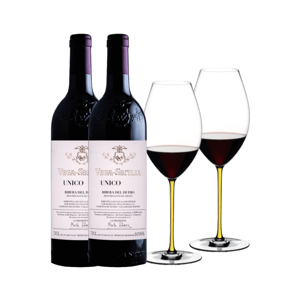 Kit 2 Vega Sicilia Unico 2012 + 2 Taças Old World Syrah Linha Fatto a Mano Riedel