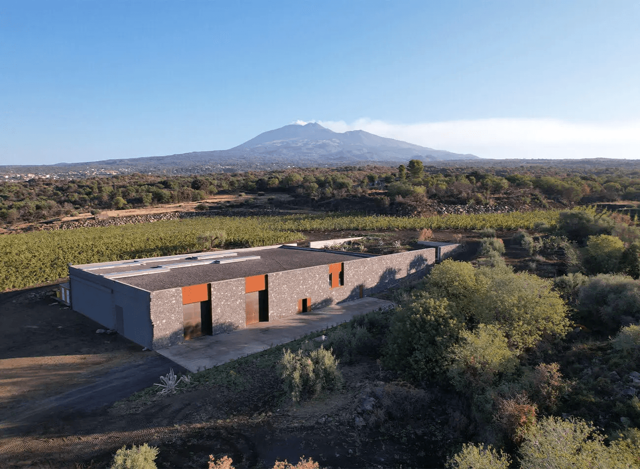 Vinícola moderna do Etna com o vulcão ao fundo