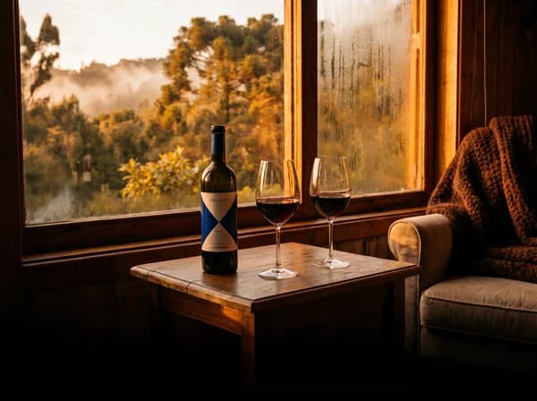 Garrafa de vinho e taças sobre mesa de madeira